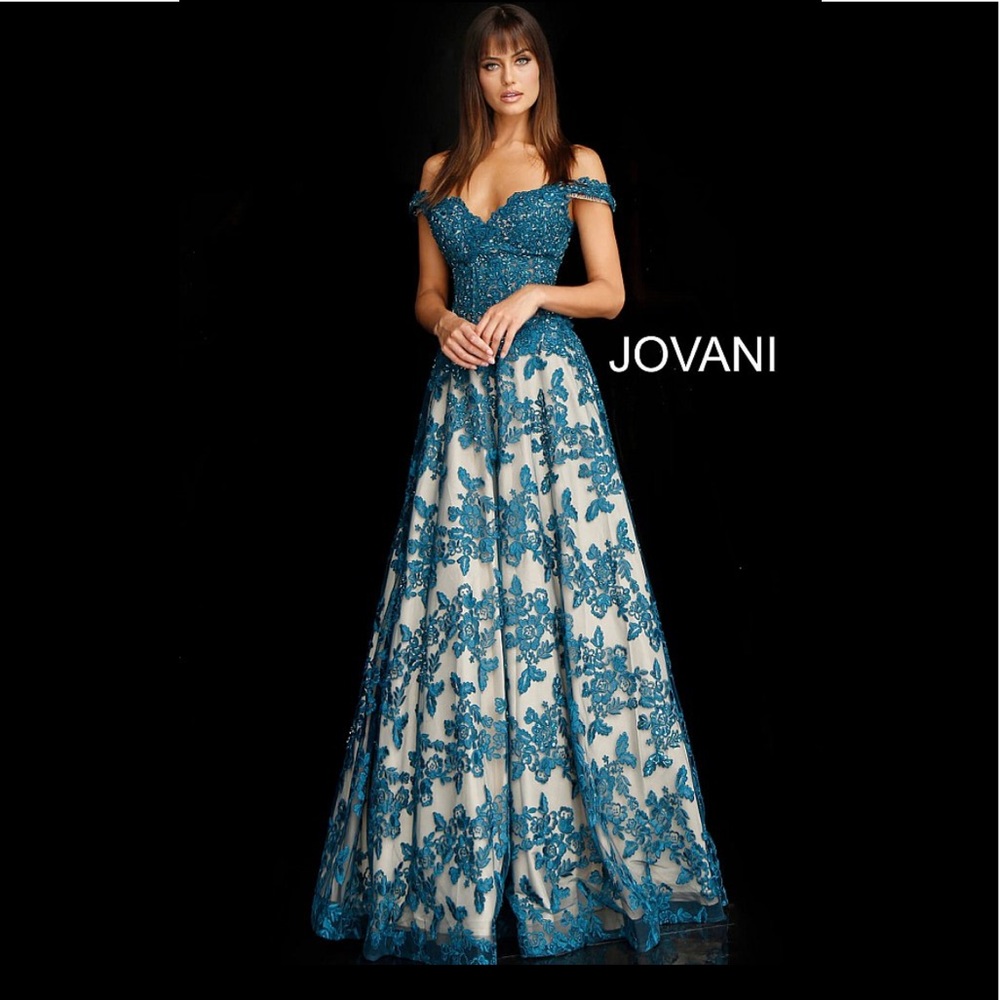 Jovani Off Shoulder A Line Gown teal nude,NWT